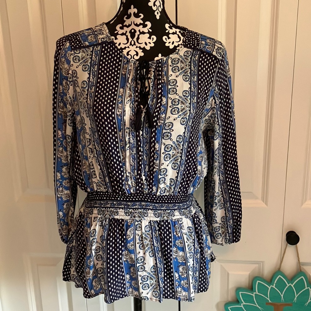 Fun black & white, white & blue & black, blue, white & black patchwork boho top